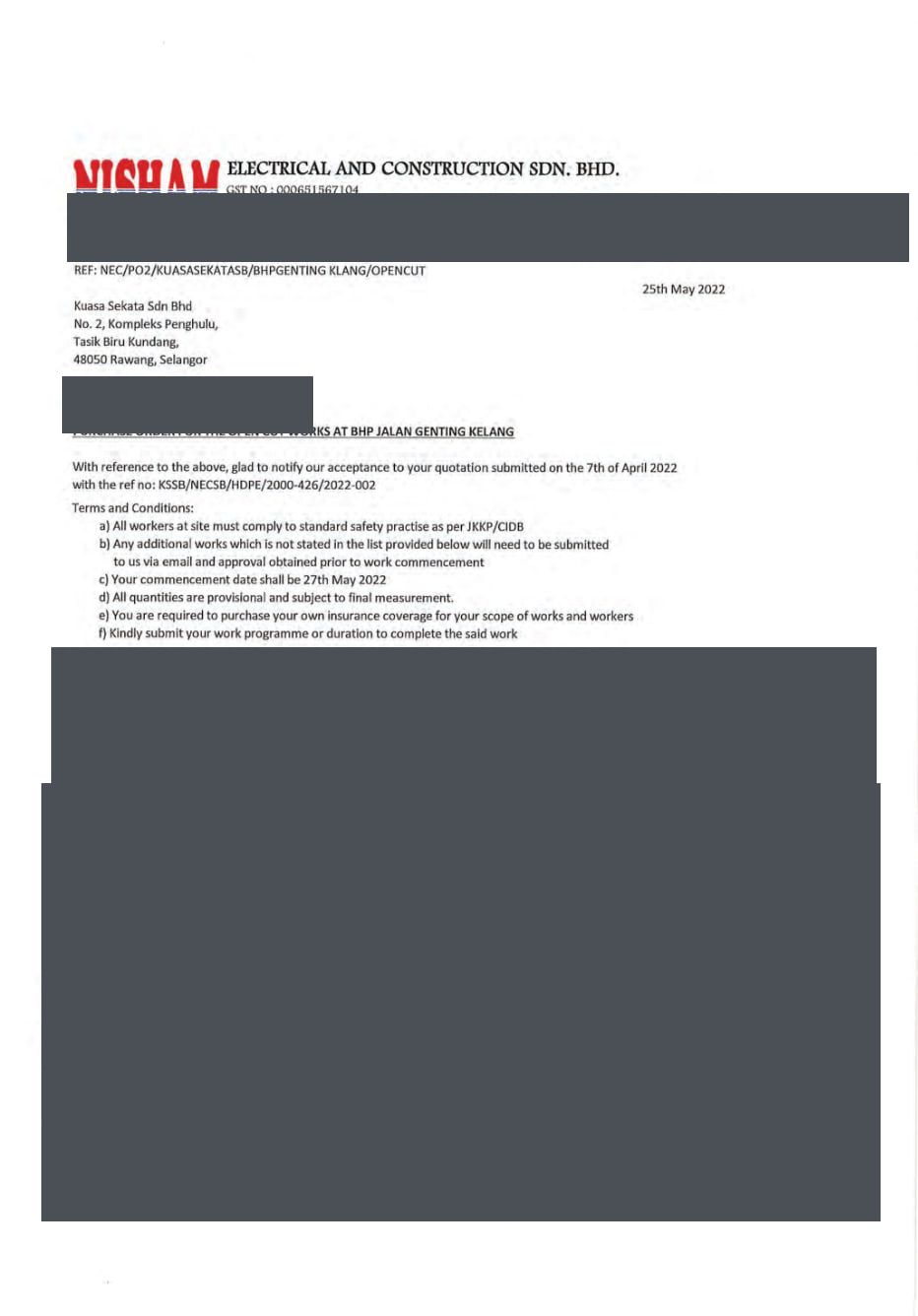 Redacted award document from Nisham Electrical and Construction Sdn. Bhd.