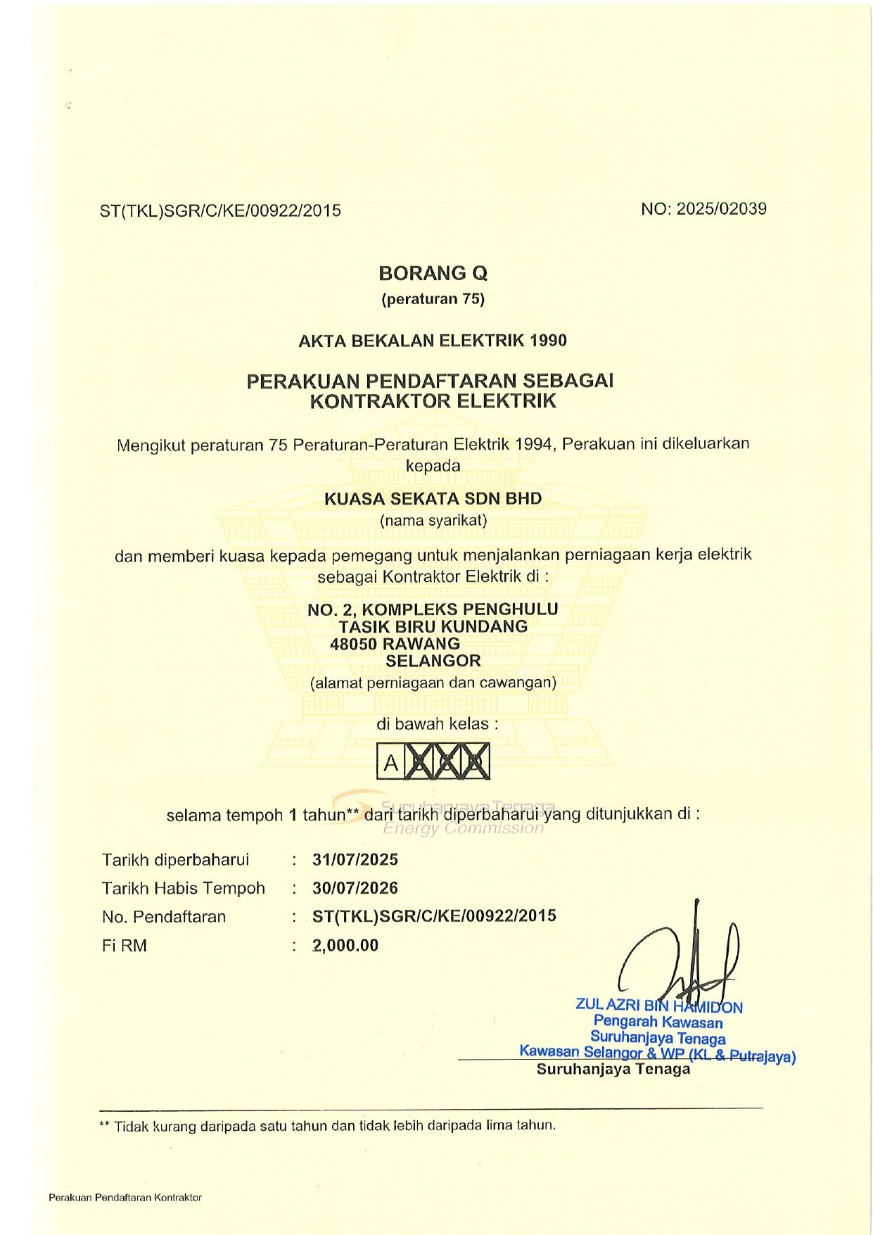 Energy Commission electrical contractor certificate for Kuasa Sekata Sdn. Bhd.